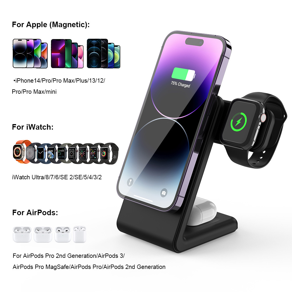 KCFCC certified three-in-one magnetic wireless charger 15W Max Magsafe fast charging strong magnetic