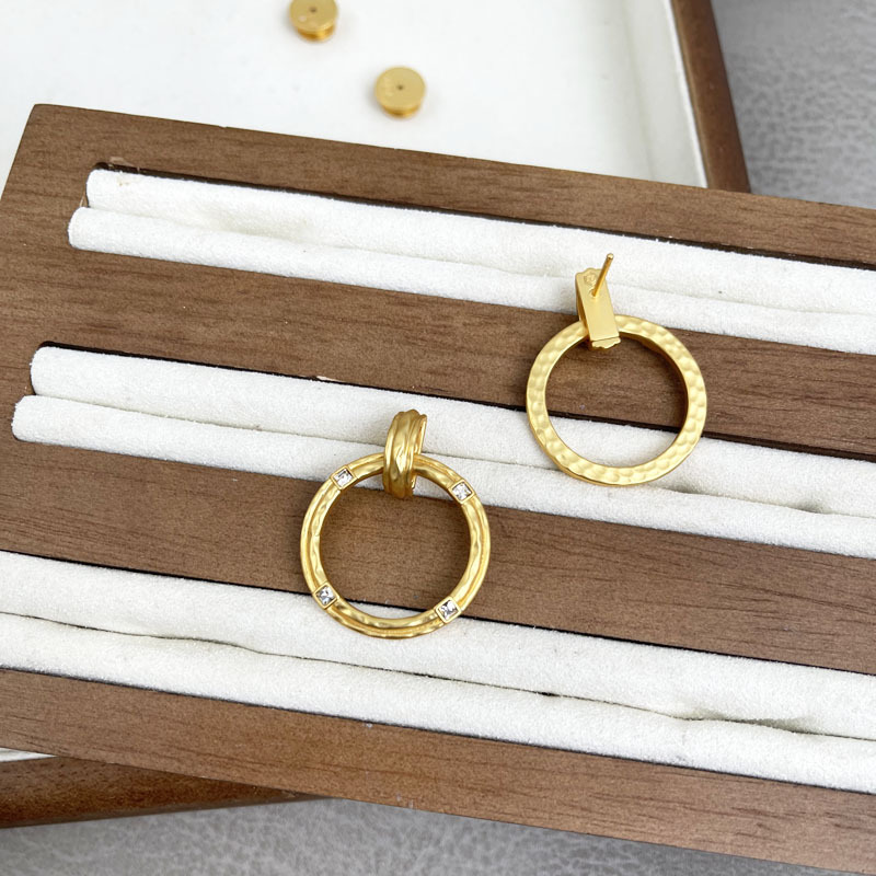 Brass gold plated matte gold circle square gem ear studs