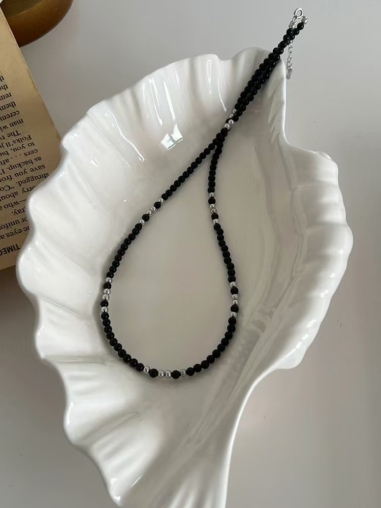 Natural black agate bead necklace for women fever niche layered S925 silver collarbone chain sweater chain
