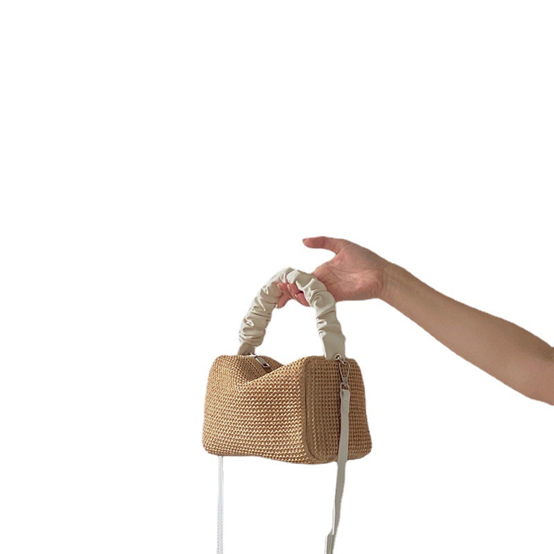 Summer Straw Bag for Women 2026 New Girl's Pleated Contrast Color Handheld Square Bag Crossbody Bag
