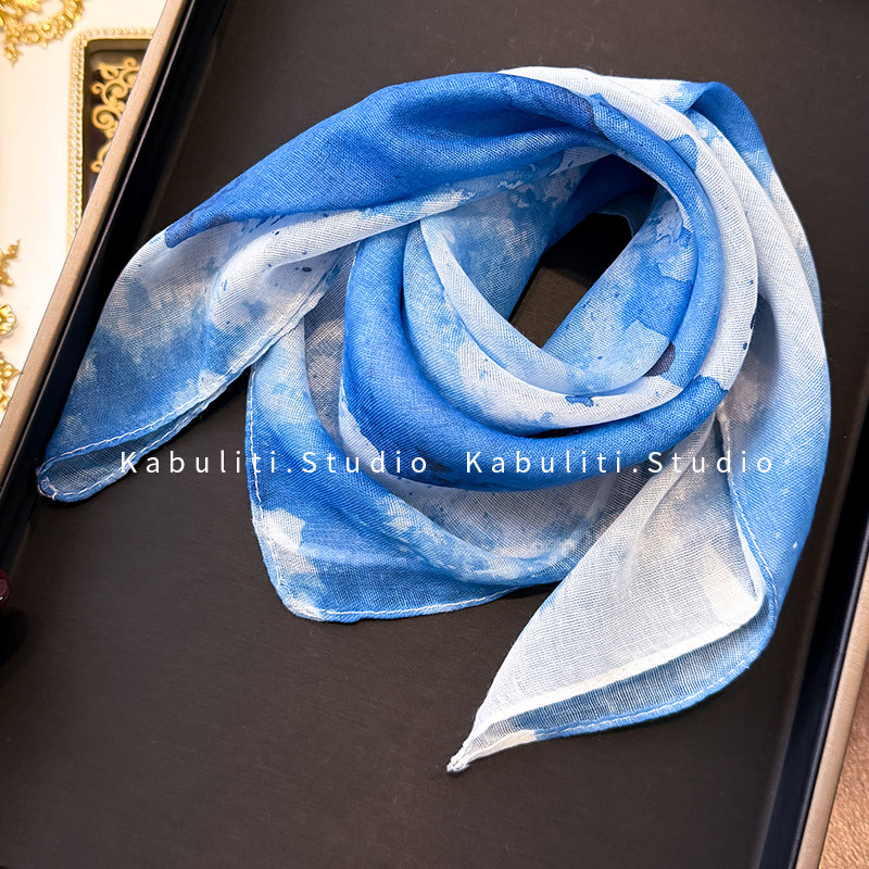 Yunnan tie-dye blue small square scarf, silk scarf for women, triangle headwrap sun protection, hair band, neck protection, thin gauze scarf
