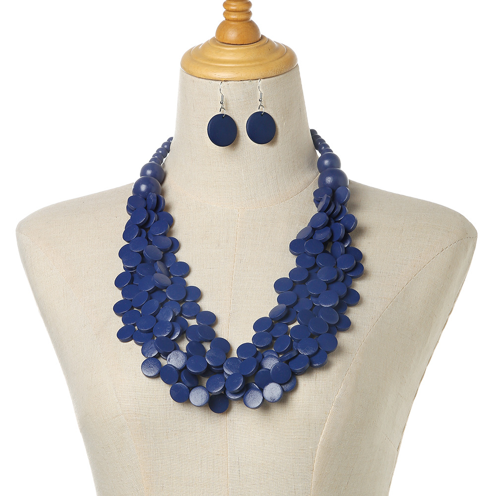 Ethnic style irregular wooden pieces bead multi-layer necklace and earring set sweater chain banquet accessories necklace