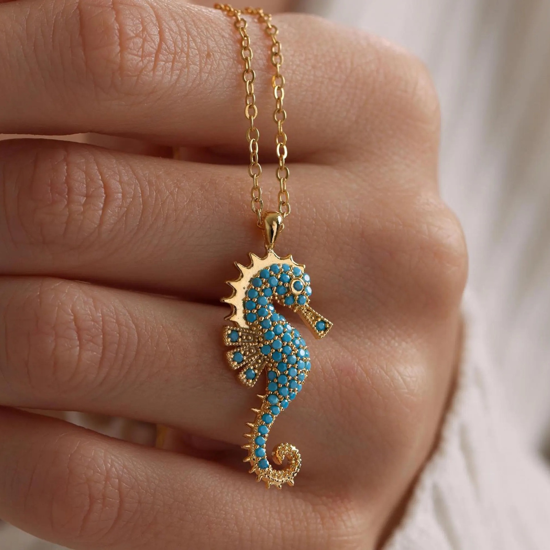 Stainless steel modern blue necklace pendant electroplated rhinestone style seahorse