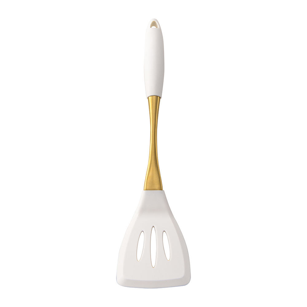 304 Stainless Steel Gold Plated Handle Silicone Cooking Kitchenware Silent Spatula Soup Spoon 8-Piece Set