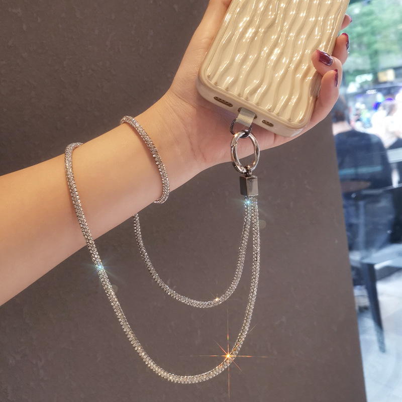 Phone strap long neck short wrist rhinestone women's luxury full diamond hanging chain clip type anti-loss