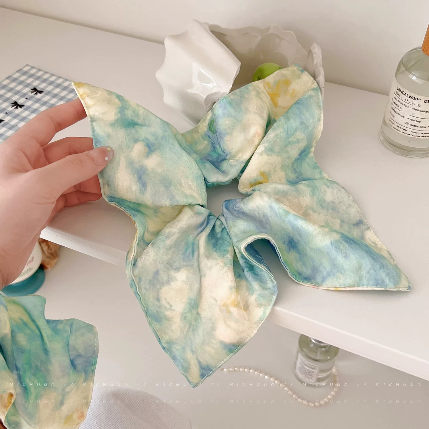 Oil painting texture square scarf hair tie new durable elastic hair accessory
