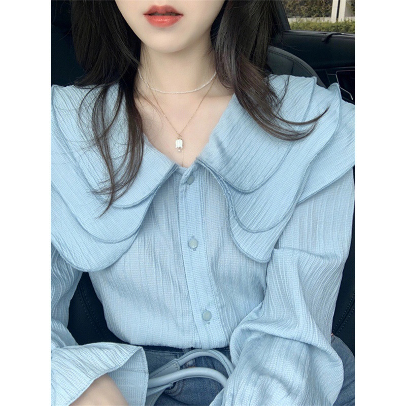 Summer Women 2023 Sense Unique Blue Baby Collar Shirt Niche Thin Chiffon Top Early Spring