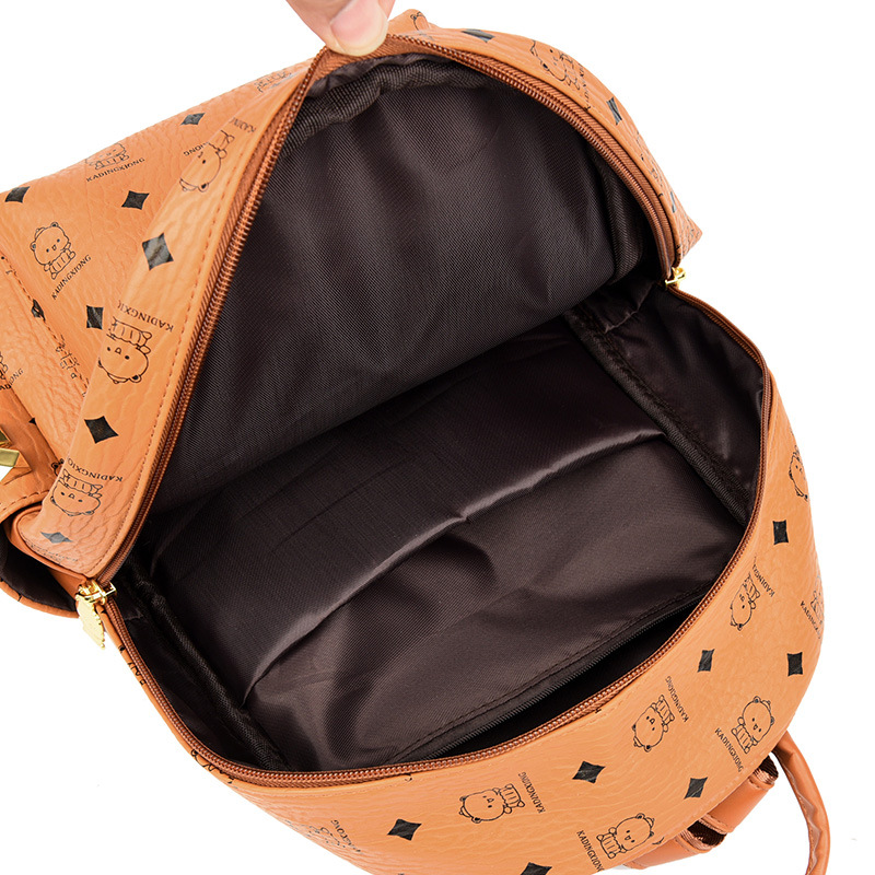 Brand M bear rivet double-shoulder bag fan print diamond quilted double-shoulder women's bag with pendant high-quality leather schoolbag