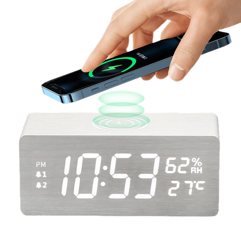 Perpetual Calendar Atmosphere Clock 15W Fast Charging Wooden Temperature and Humidity Wireless Charging Snooze Night Light Clock Multifunctional Electronic Clock
