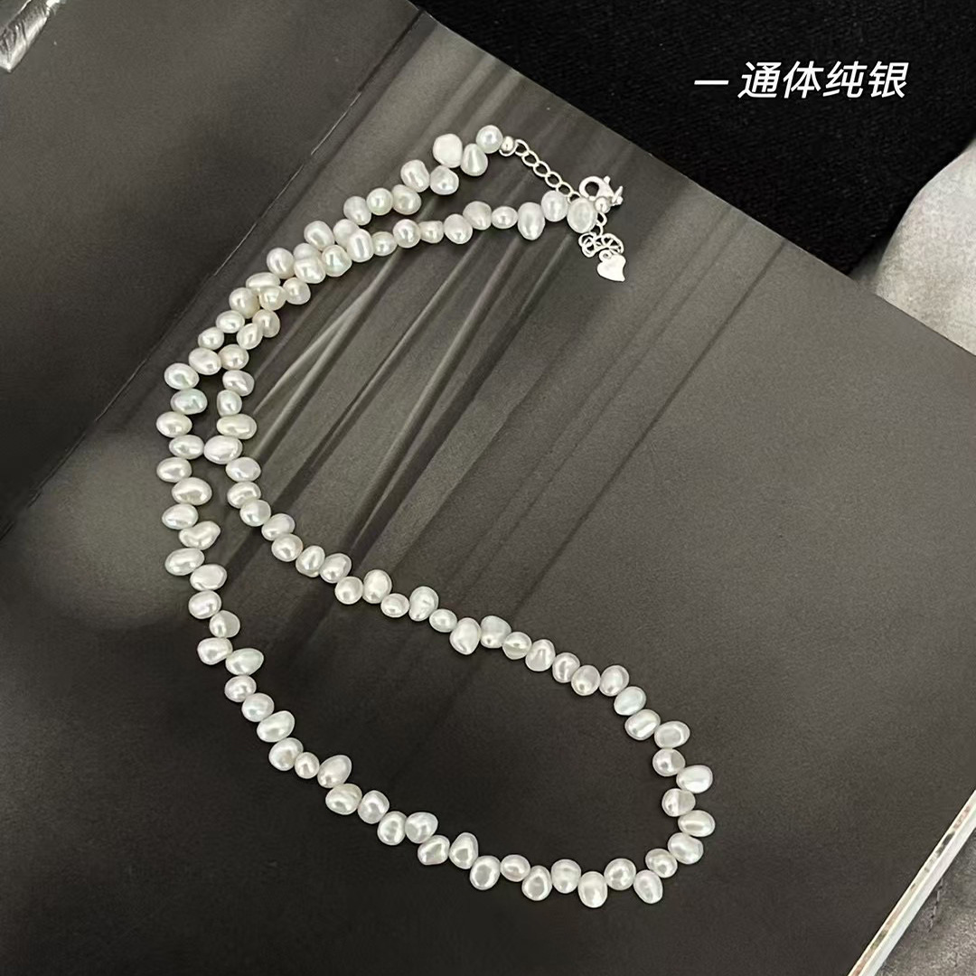 S925 Sterling Silver Baroque Natural Freshwater Pearl Necklace Women Summer Irregular Collarbone Chain