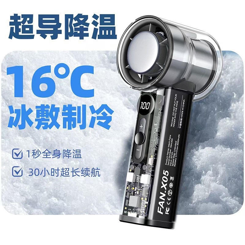 Ice compress handheld fan digital display 100-speed adjustment outdoor wireless portable dorm transparent mecha lighting fan
