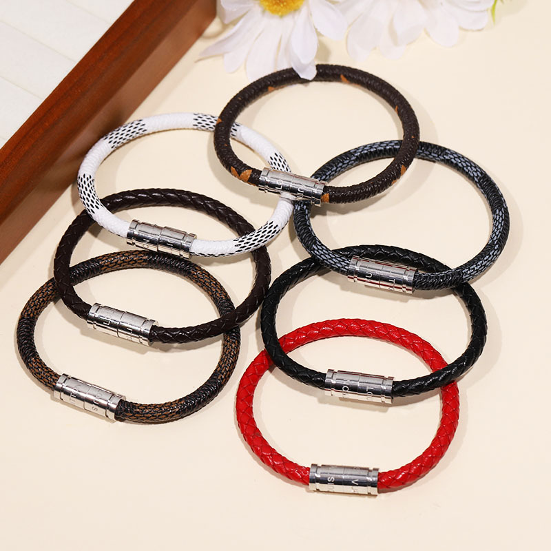 Vintage Pattern Leather Couple Rope Bracelet Stainless Steel Double Magnetic Bangle for Men and Women