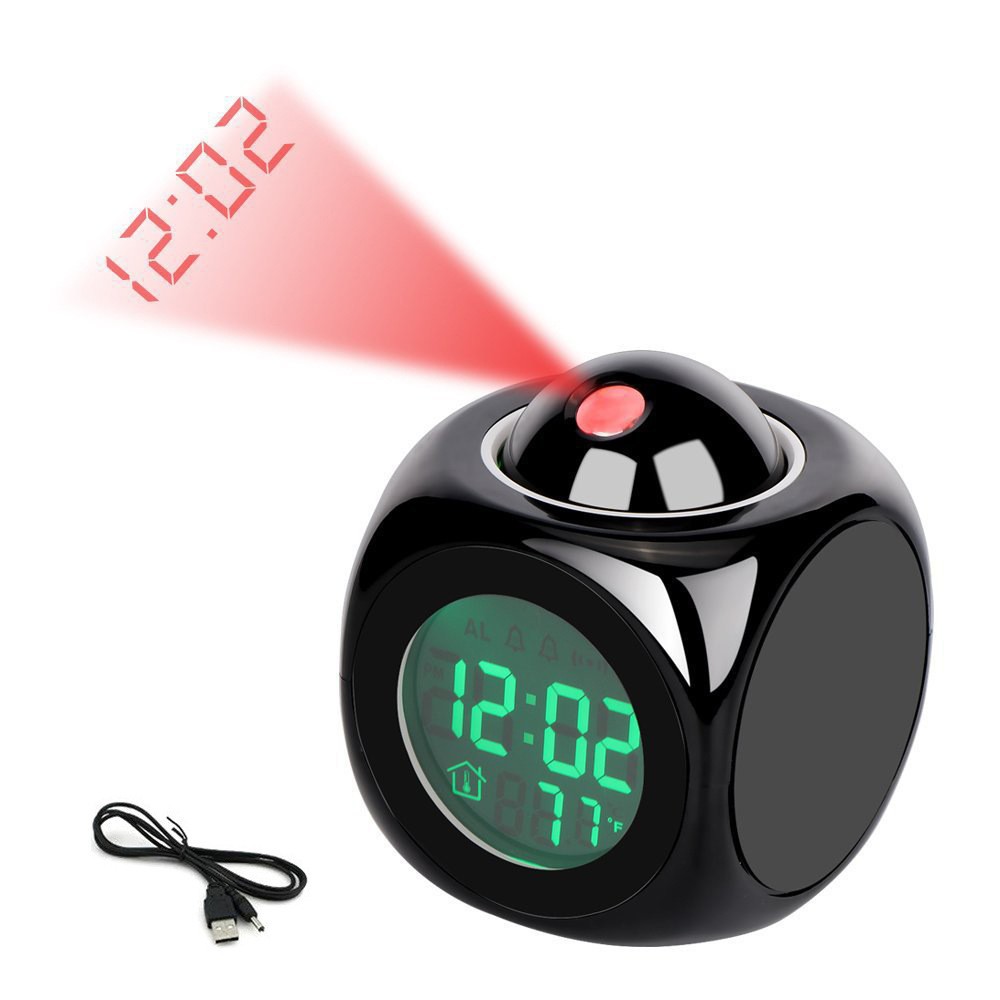 Multifunctional LED Projection Alarm Clock with English Voice Time Reporting, Square Design, Lazy Alarm, Bedroom Electronic Clock