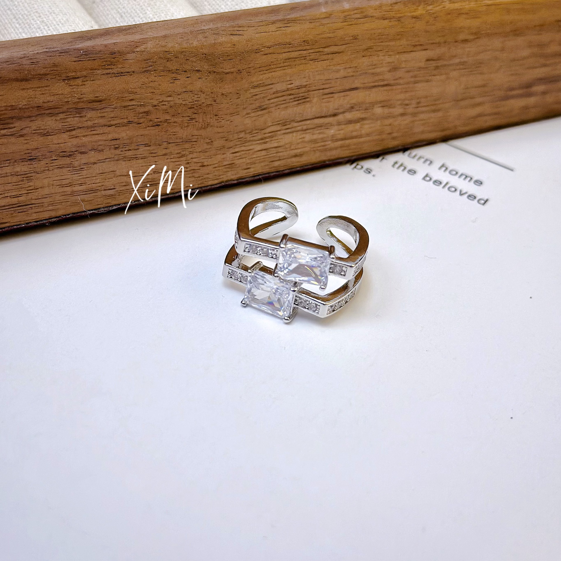 Zirconia Square Double-Layer Open Ring for Women Niche Design Index Finger Ring Hand Jewelry