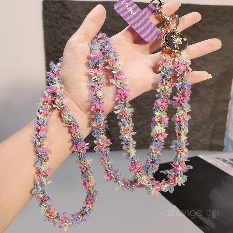 Small fragrance style metal button chain phone strap crossbody long women's niche outdoor phone wearable strap travel