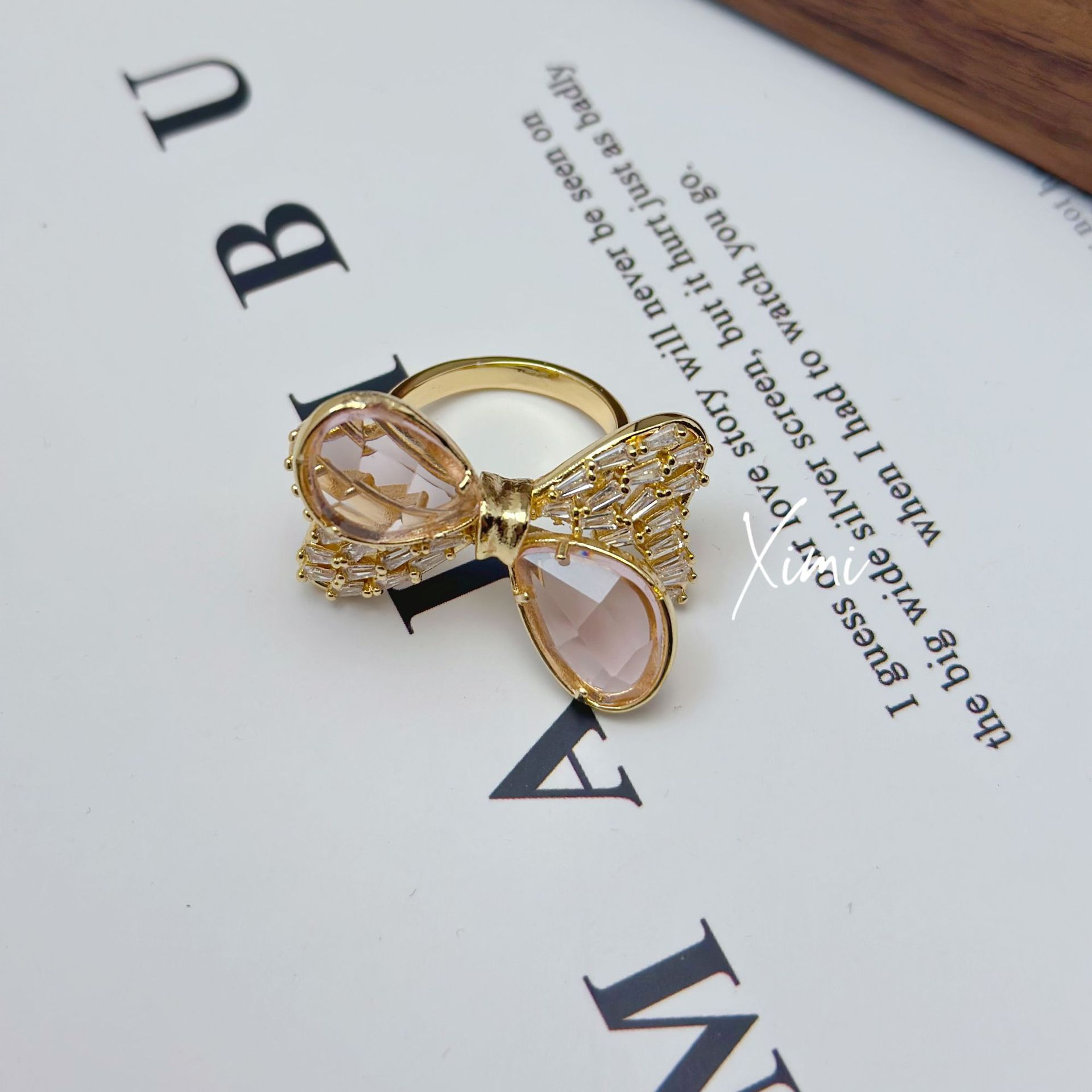 New Girly Heart Bowknot Ring Open Band Rhinestone Cute Knot Glass Sweet Exquisite Texture