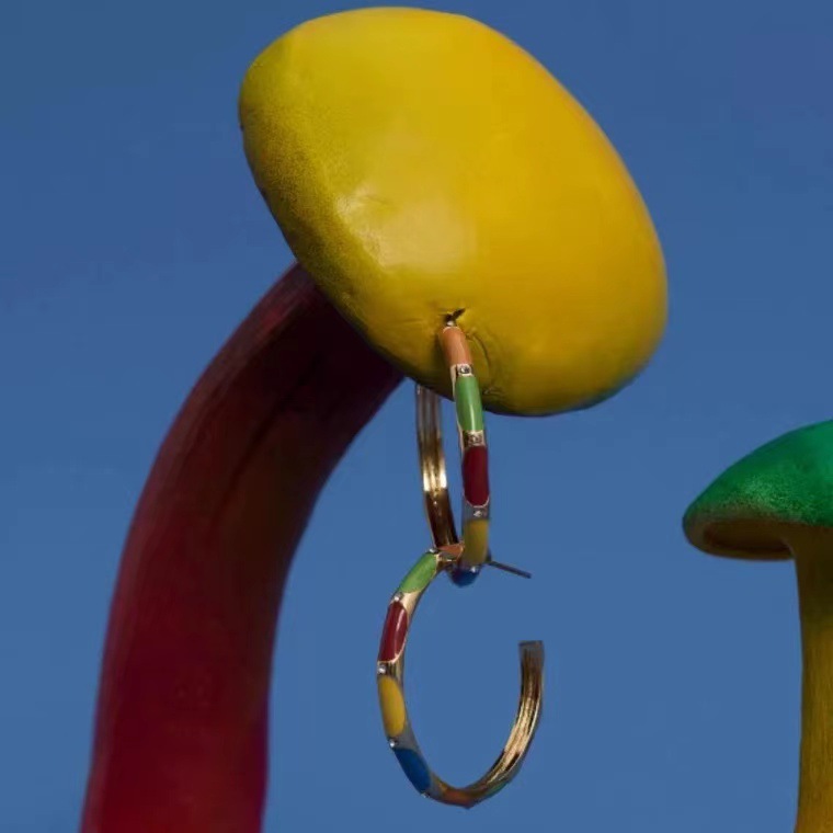 Back-and-Forth Rainbow Color Block C-Shaped Earrings Milad Style Enamel Large Circle