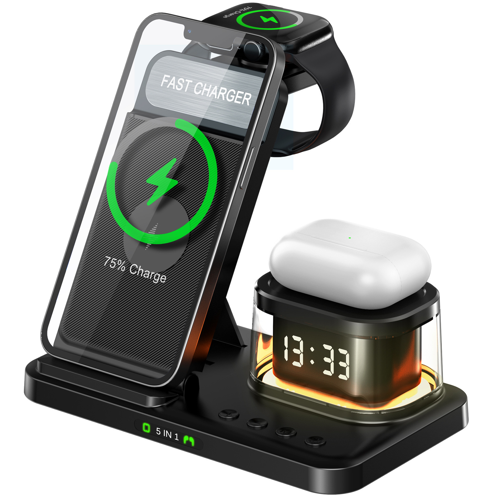 2026 5-in-1 Clock Night Light Wireless Charger 15W Fast Charge Wireless Charger Foldable Multifunctional Charging Stand
