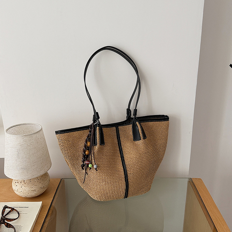 Spring Summer New Travel Beach Large-Capacity Tote Bag Single-Shoulder Woven Tote Vacation Straw Bag for Women