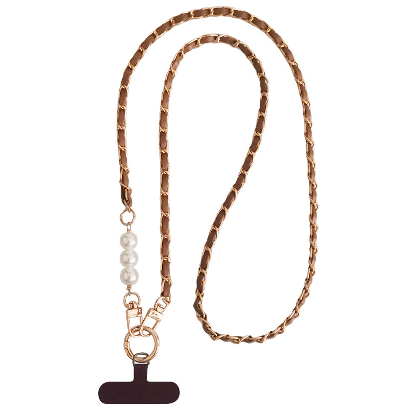 Diagonal crossbody pearl leather card chain phone lanyard women small fragrance long back strap metal chain Nordic style new