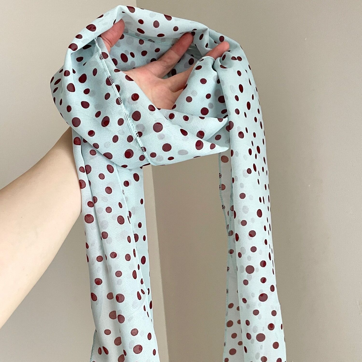 Gentle pink polka dot silk scarf for women minimalist eye-catching thin necktie neck accessory floating hair tie
