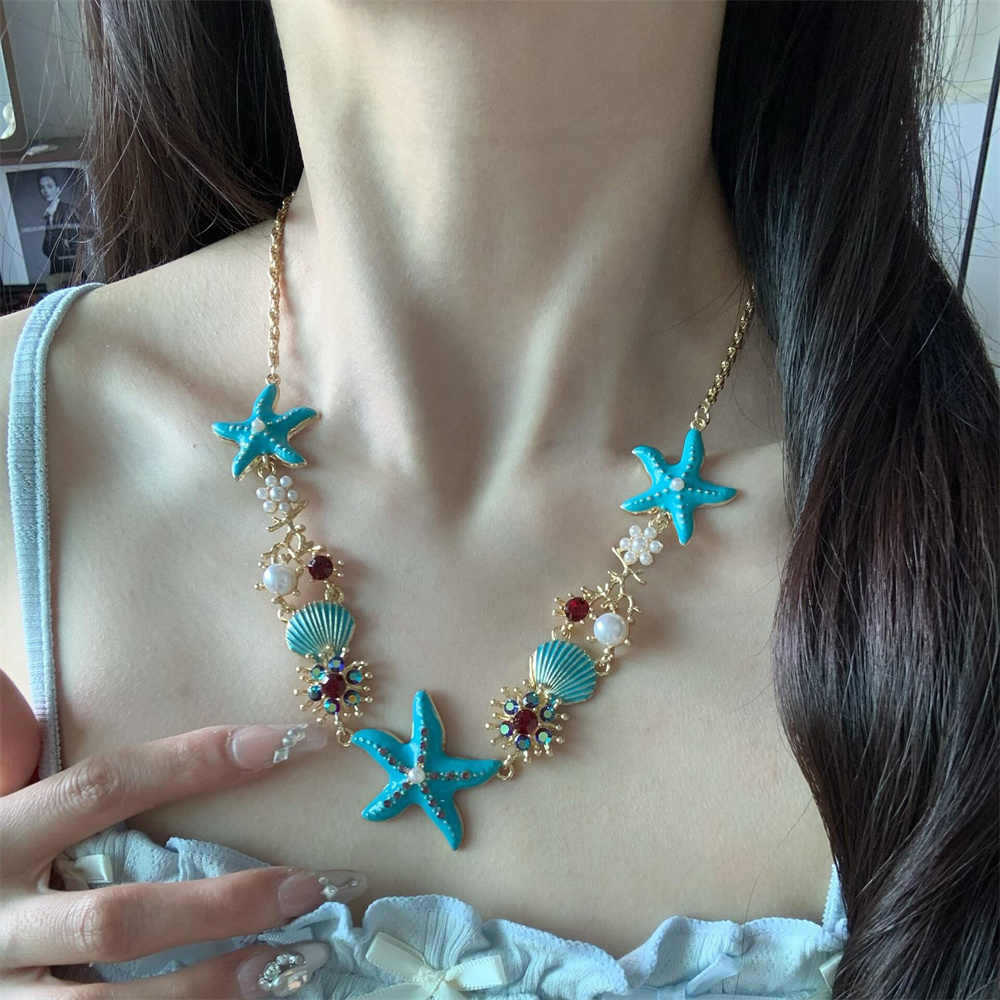 Hawaiian Style Starfish Shell Necklace Women Beach Vacation Style Neck Chain Photo Prop Accessories Collarbone Chain