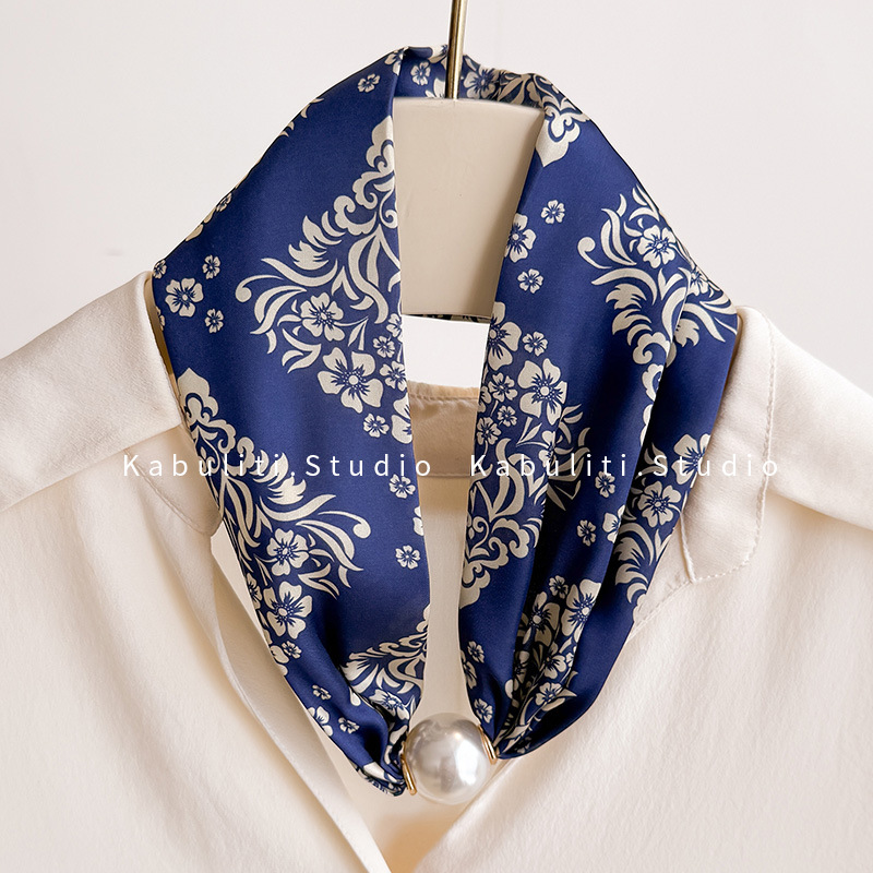 Magnetic buckle pearl necklace narrow small long strip silk scarf women neck protection matching shirt neck scarf gauze scarf thin scarf