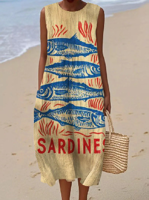 New Amazon Summer Sleeveless Pocket Casual Printed Long Dress Slim Fresh Style