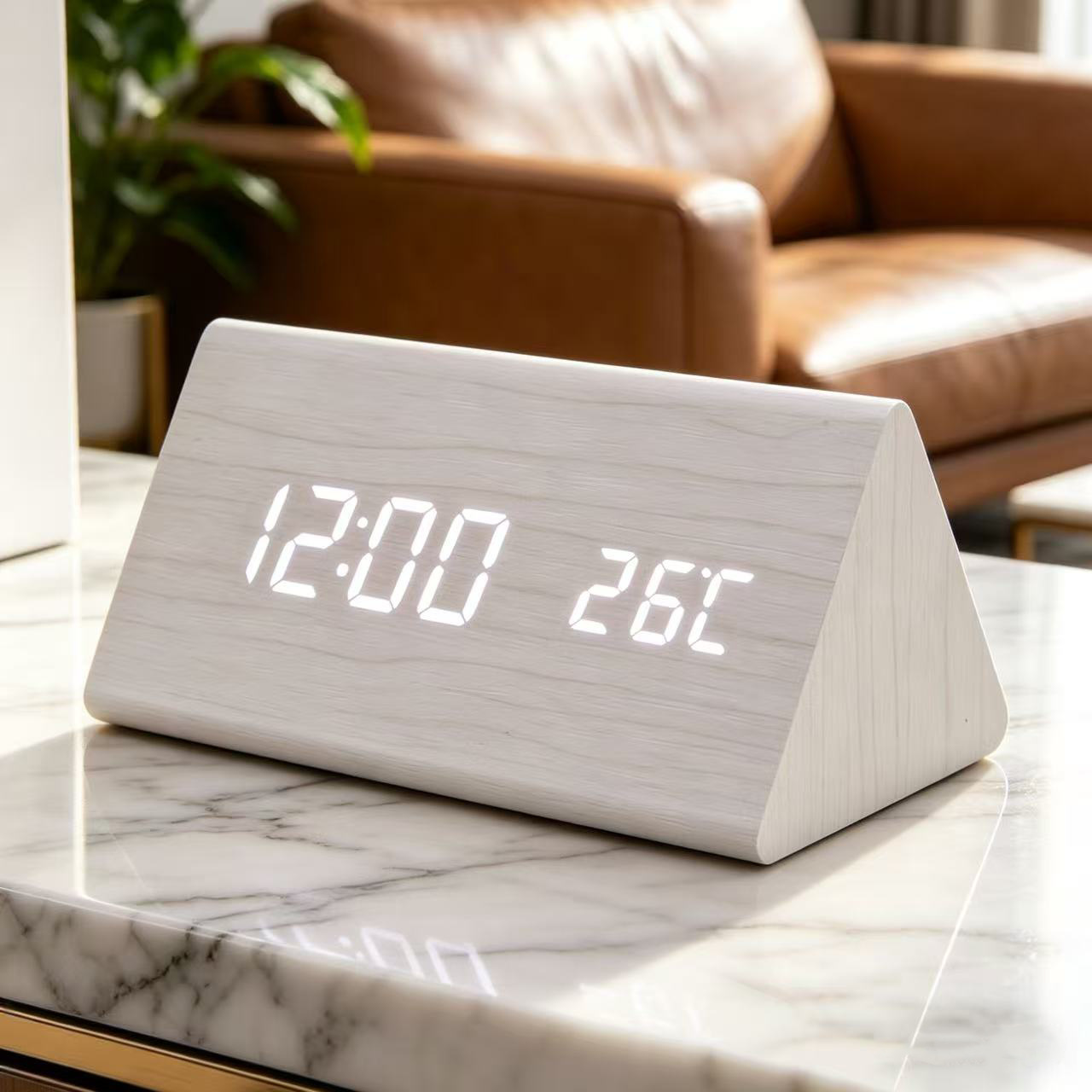 Silent wake-up triangular wooden clock, LED wooden clock, electronic thermometer, desktop digital alarm clock
