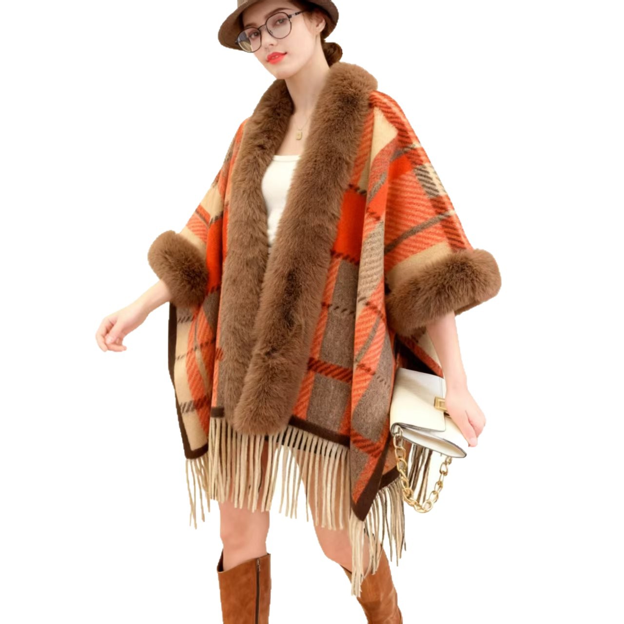 Available for Autumn and Winter Women's Casual Poncho Cape Plaid Fringe Coat Elegant Party