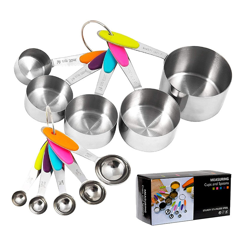 Silicone Handle Stainless Steel 10-piece Measuring Cup and Spoon Set Scale Measuring Cup Baking Measuring Spoon Gram Spoon