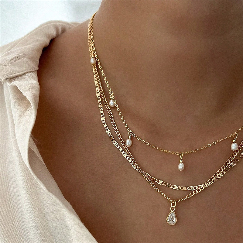 Cross Layered Pearl Necklace Beaded Pendant Collarbone Chain Women Commute Party Gift