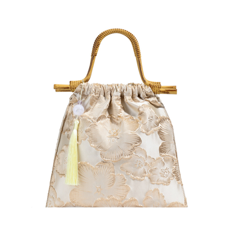 New Linen Bamboo Knot Handle Bag 2024 New Women's Bag Embroidery Sequins Women's Handbag Evening Bag
