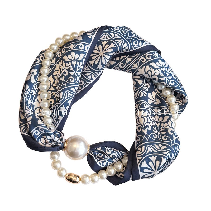 Magnetic buckle pearl necklace narrow small long strip silk scarf women neck protection mother matching shirt thin scarf