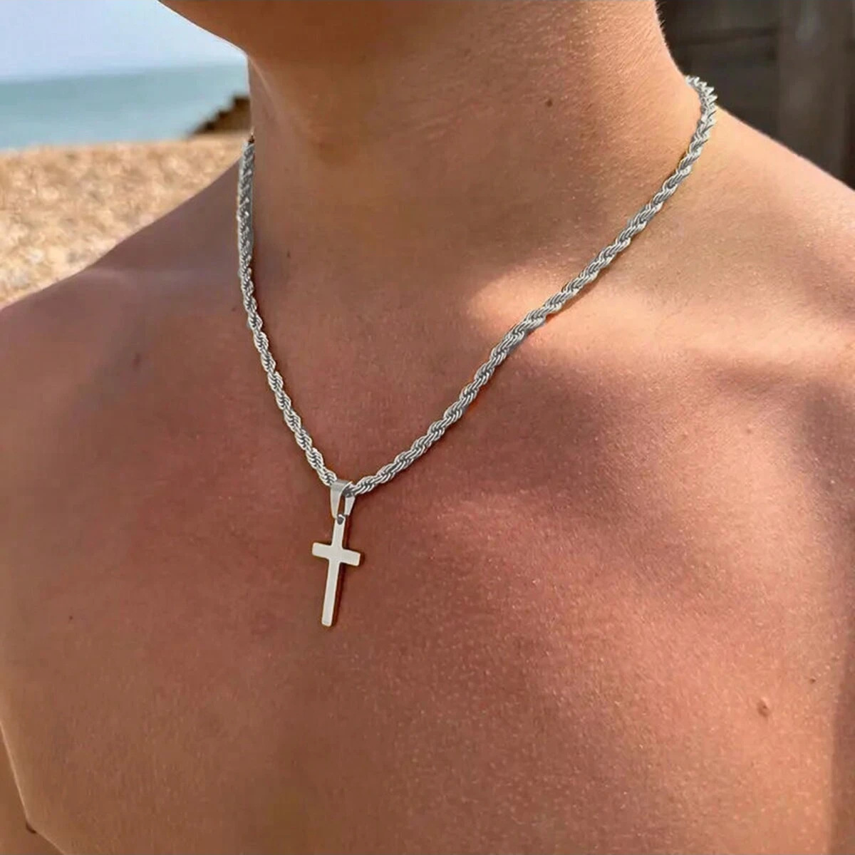 Stainless steel 18K gold-plated men's twisted chain hip-hop cross pendant men's necklace