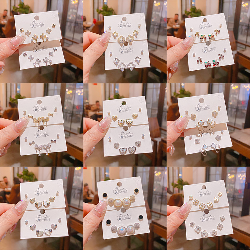 2025 silver needle thick gold electroplated exquisite zircon small earrings 6-piece set three pairs, wind earring accessories