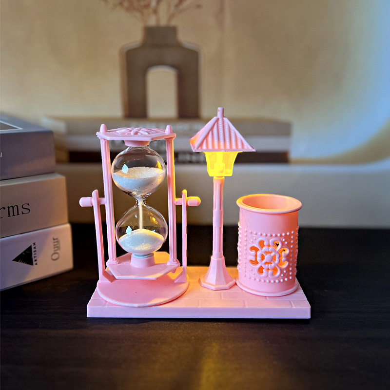 Antique Flowing Sand Street Lamp Pen Holder Student Gift White Sand Hourglass Color-Changing Night Light Ornament