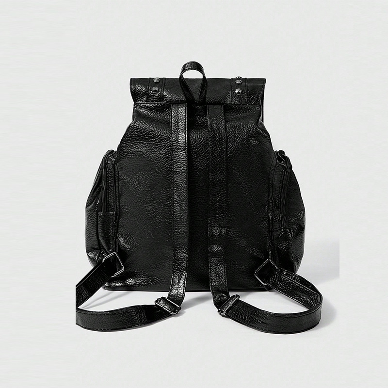 Washed荔枝纹PU leather rivet motorcycle style backpack crossbody double-shoulder bag large capacity women's bag