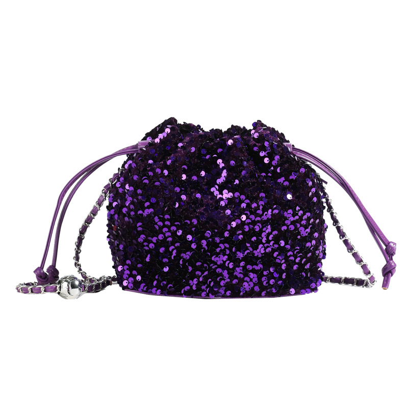Women's Bag New Chinese Style Flower Embroidery Sequins Mesh Splicing Contrast Color Elegant Lady Drawstring Chain Bucket Bag