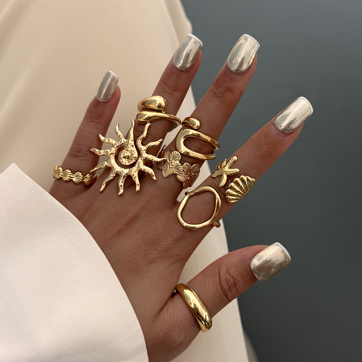 Ocean resort style conch shell ring set metal flower open ring for women