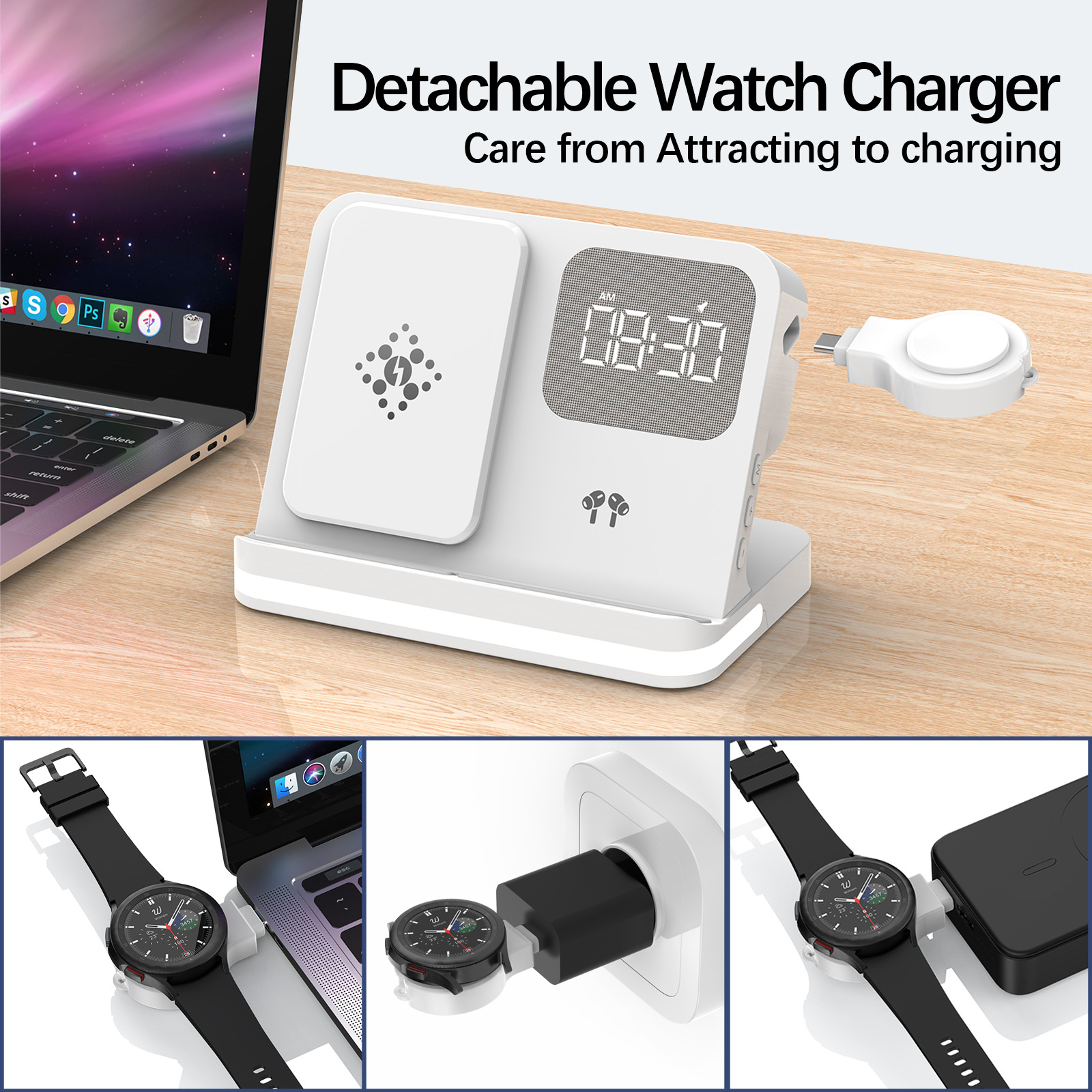 For Huawei Apple Samsung Phone Earphone Watch Clock Alarm Lamp 4-in-1 Wireless Charger