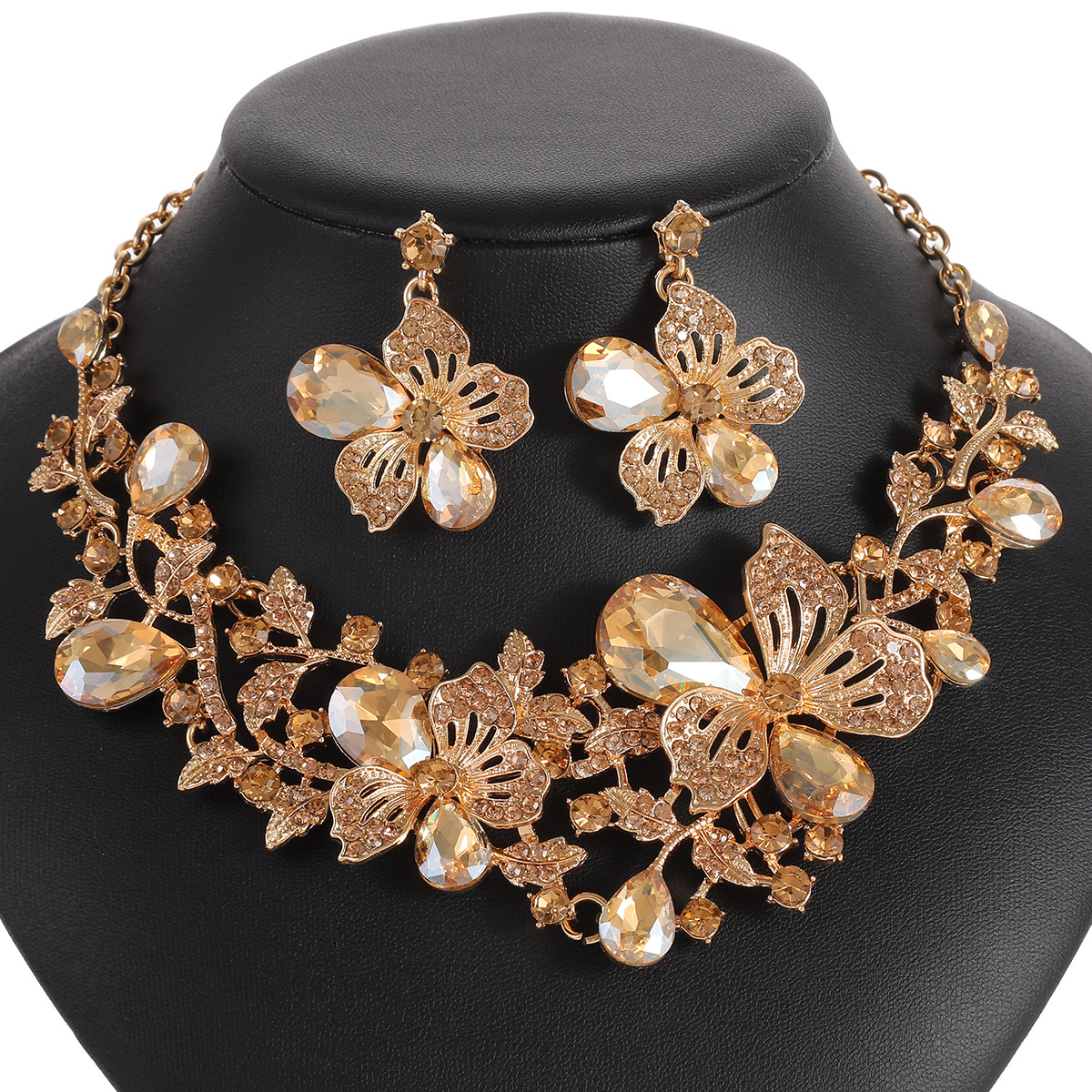 Exaggerated Necklace Earring Set Women Alloy Chain Flower Bride Accessories