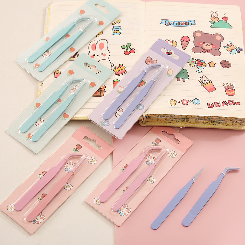 Hand account tweezers stainless steel DIY hand account clip colorful macaron straight curved eyelash tweezers