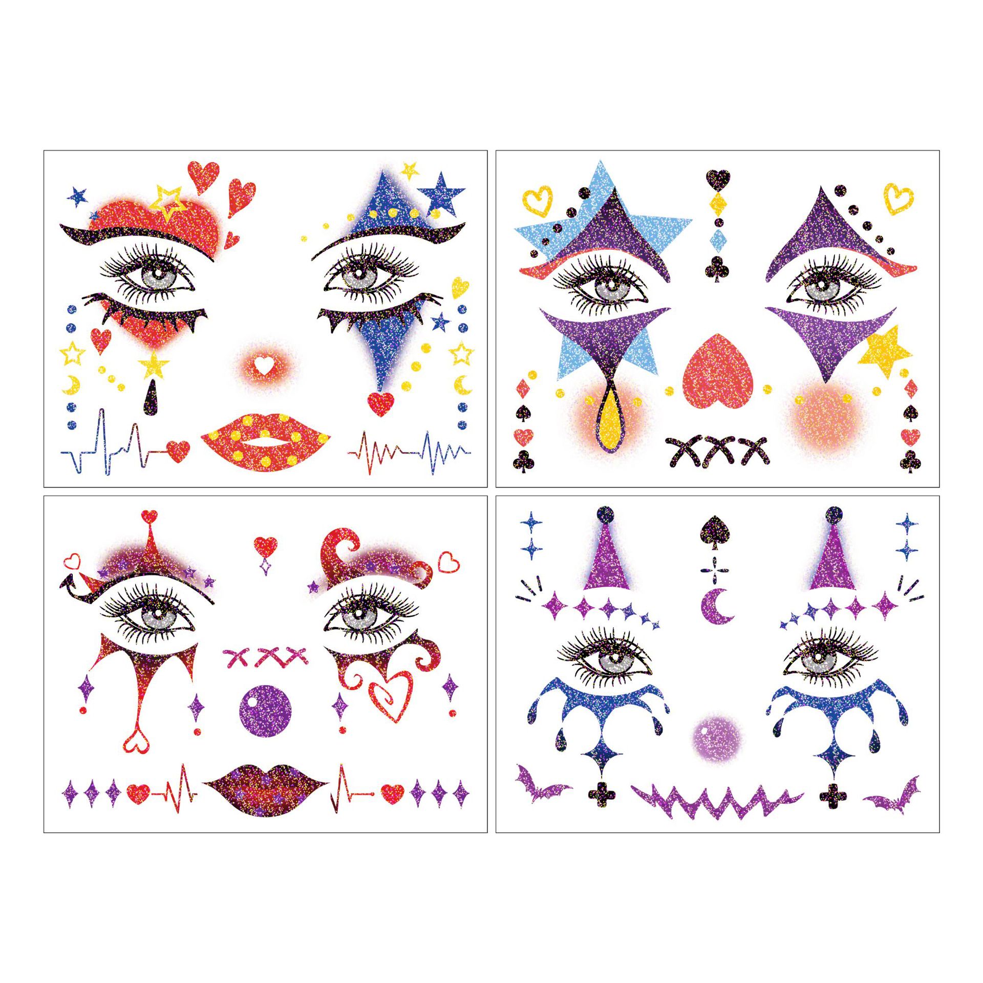New Product Glitter Clown Face Sticker Halloween Tattoo Sticker Poker Party Temporary Tattoo Sticker Paper