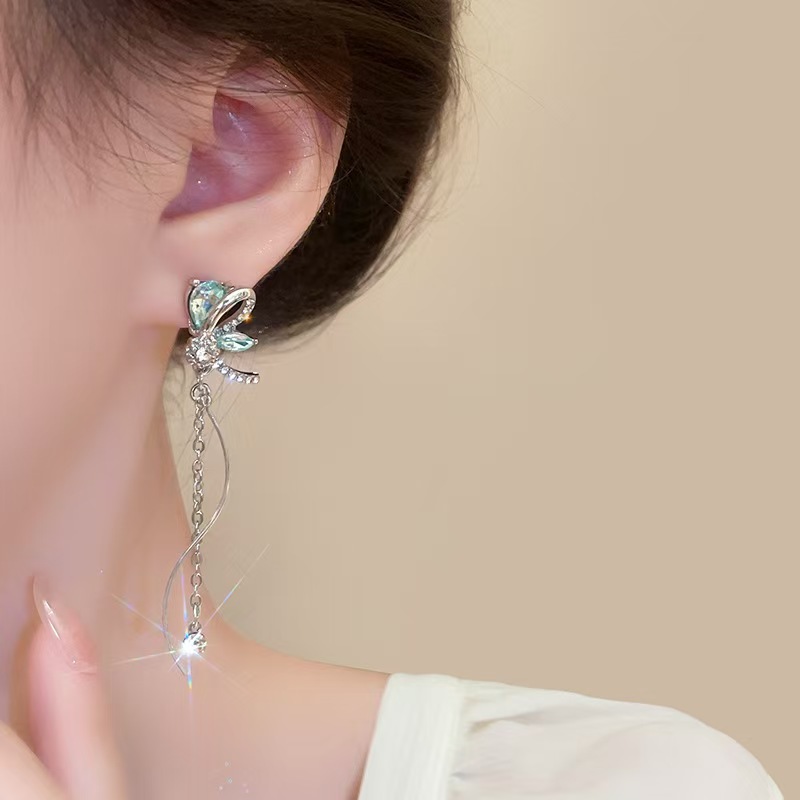 Blue Gradient Crystal Butterfly Long Tassel Ear Clips Super Fairy Simple Stud Earrings Ear Accessories