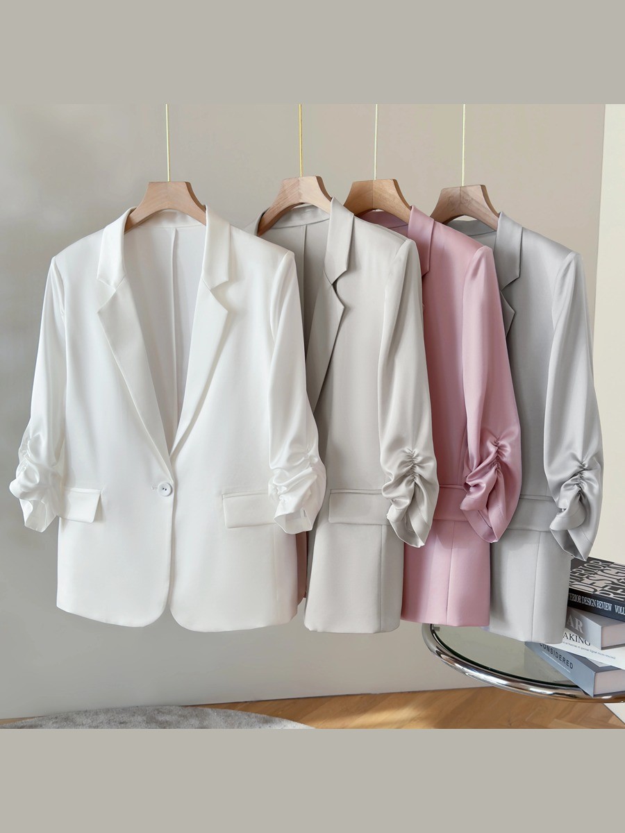 Acetate satin three-quarter sleeve suit jacket 2026 summer solid color blazer women