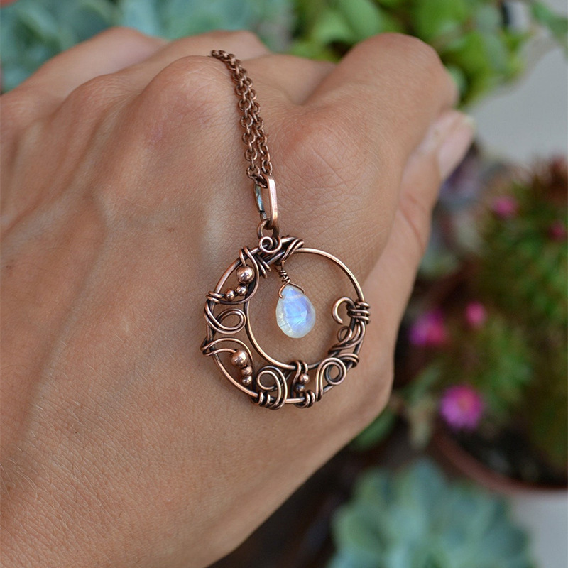 New Hollow Wrapped Red Copper Moon Pendant Small Teardrop Moonstone Necklace