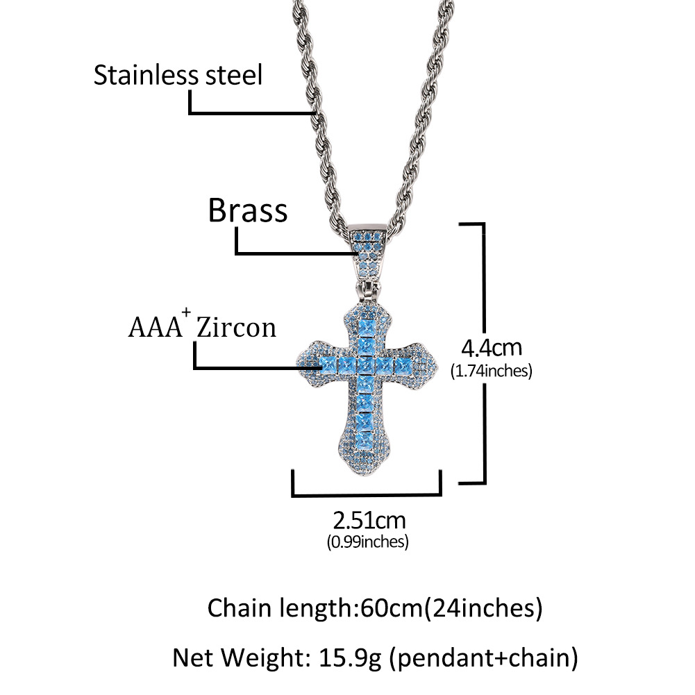 Hip Hop New Blue Zircon Cross Men's Necklace Heavy Punk Sweater Chain Accessories