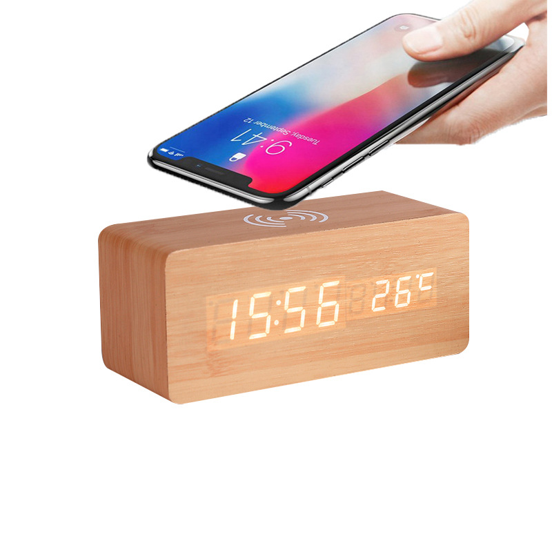 Smart Wireless Charging Clock Electronic Wooden LED Clock Digital Voice Control Clock Thermometer Alarm Clock