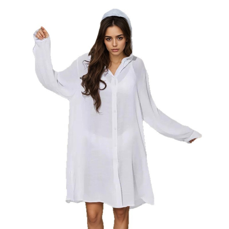 2025 New Beach Jacket Women Shirt Style Vacation Solid Color Cardigan Bikini Swimsuit Cover Up Sun Protection